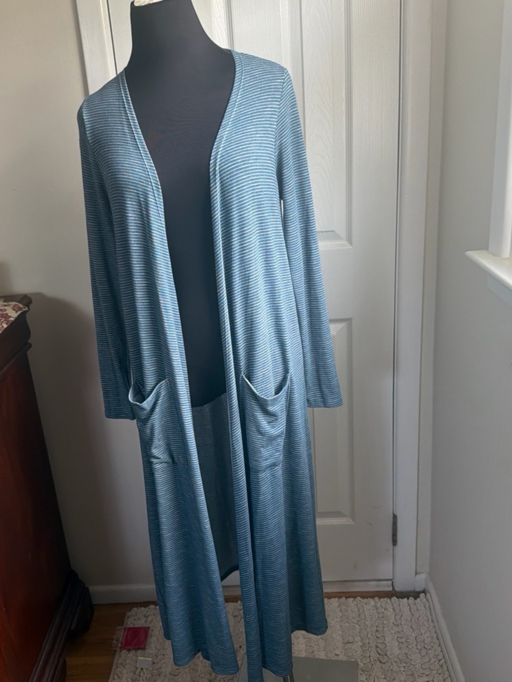 LuLaRoe Light Blue Striped Long Open Cardigan Robe